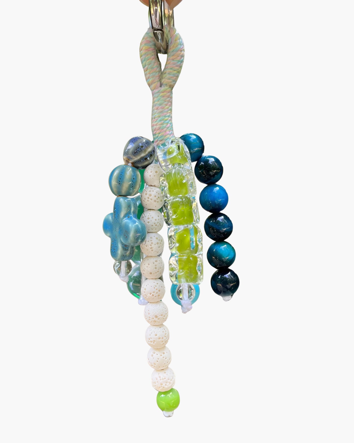 Colorful beaded keychain with a white background