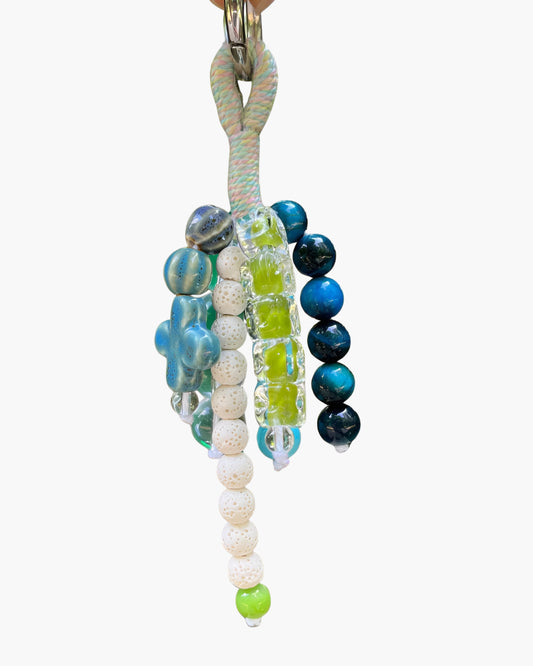 Colorful beaded keychain with a white background